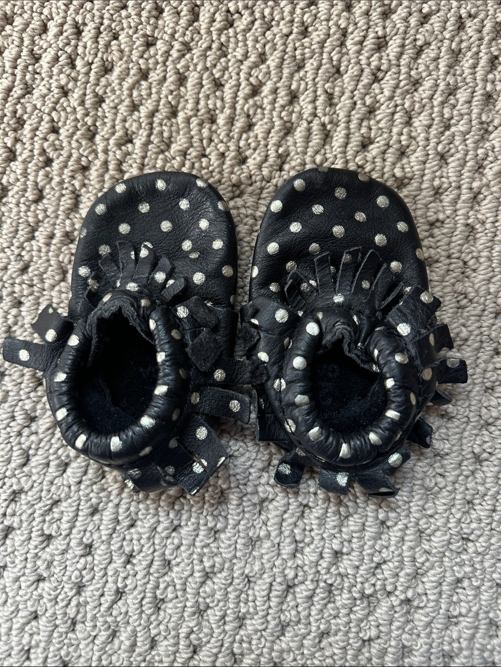 Freshly Picked Black Moccasins with Muted Gold Polka Dots